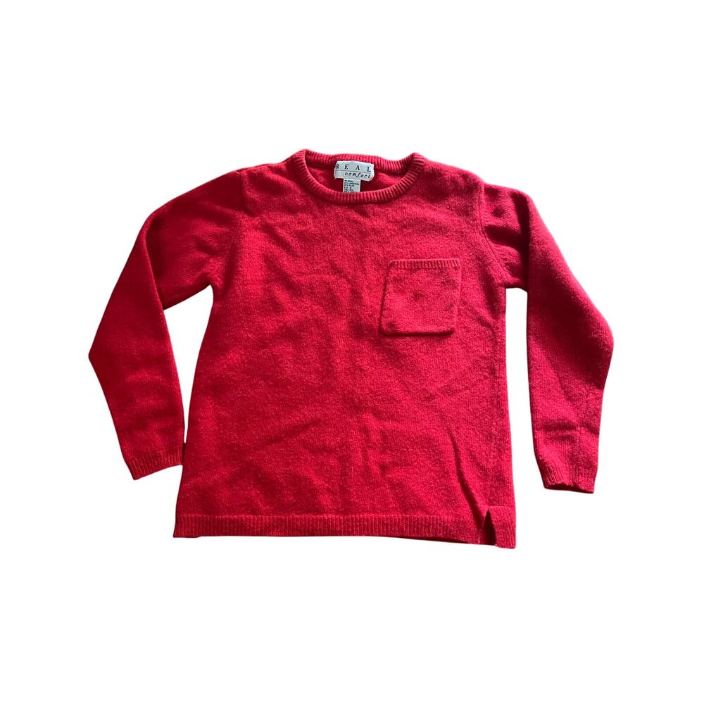 Real Comfort Women’s Red Lambs Wool Nylon Small Sweater Pocket on Front